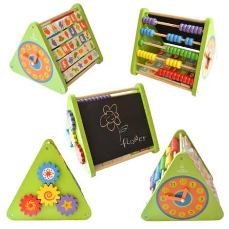 Shumee 5-in-1 Wooden Activity Triangle is an educational toy with alphabets, counting, time, movement, and more. Perfect for 2+ year olds.