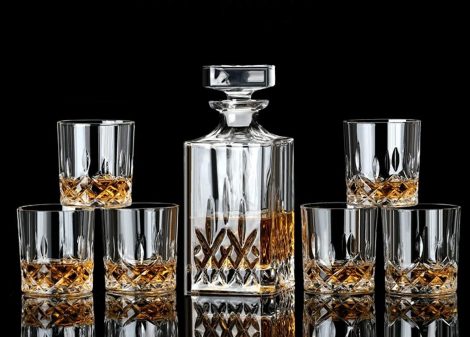 NVRA Premium Crystal Clear 7-piece Bar Set: 1 Decanter Bottle(850ml) with 6 Whiskey Glasses(300ml). Ideal for Scotch, Bourbon, Wine, Vodka, Cocktail, Tequila, Rum. Perfect gift for Men (Opera).