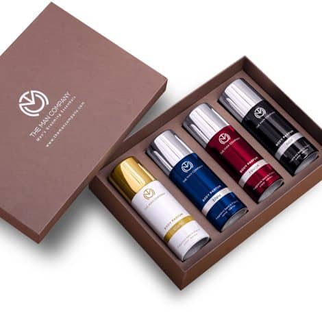 The Man Company All-in-One Deodorant Set with 4 long-lasting fragrances – Bleu, Blanc, Noir, Rouge. Perfect luxury gift.