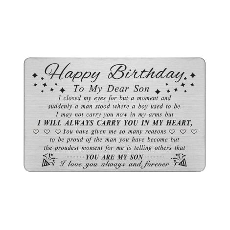 DEGASKEN Son Birthday Card – A special and personalized steel engraved wallet card to cherish for your son’s birthday.