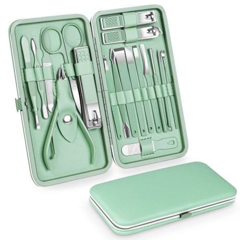 18pcs Manicure & Pedicure Kit: Stainless steel tools, travel-friendly, for your grooming needs. Complete with leather case.