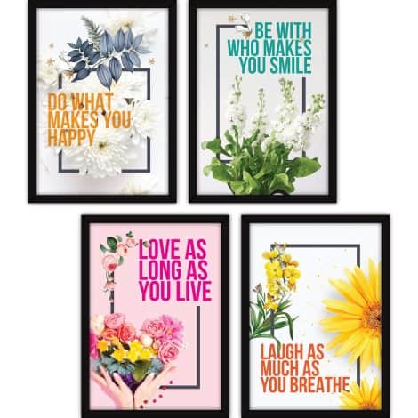 Set of 4 FATMUG Framed Wall Paintings with Glass, featuring inspiring quotes, perfect for home and office, spreading happiness.