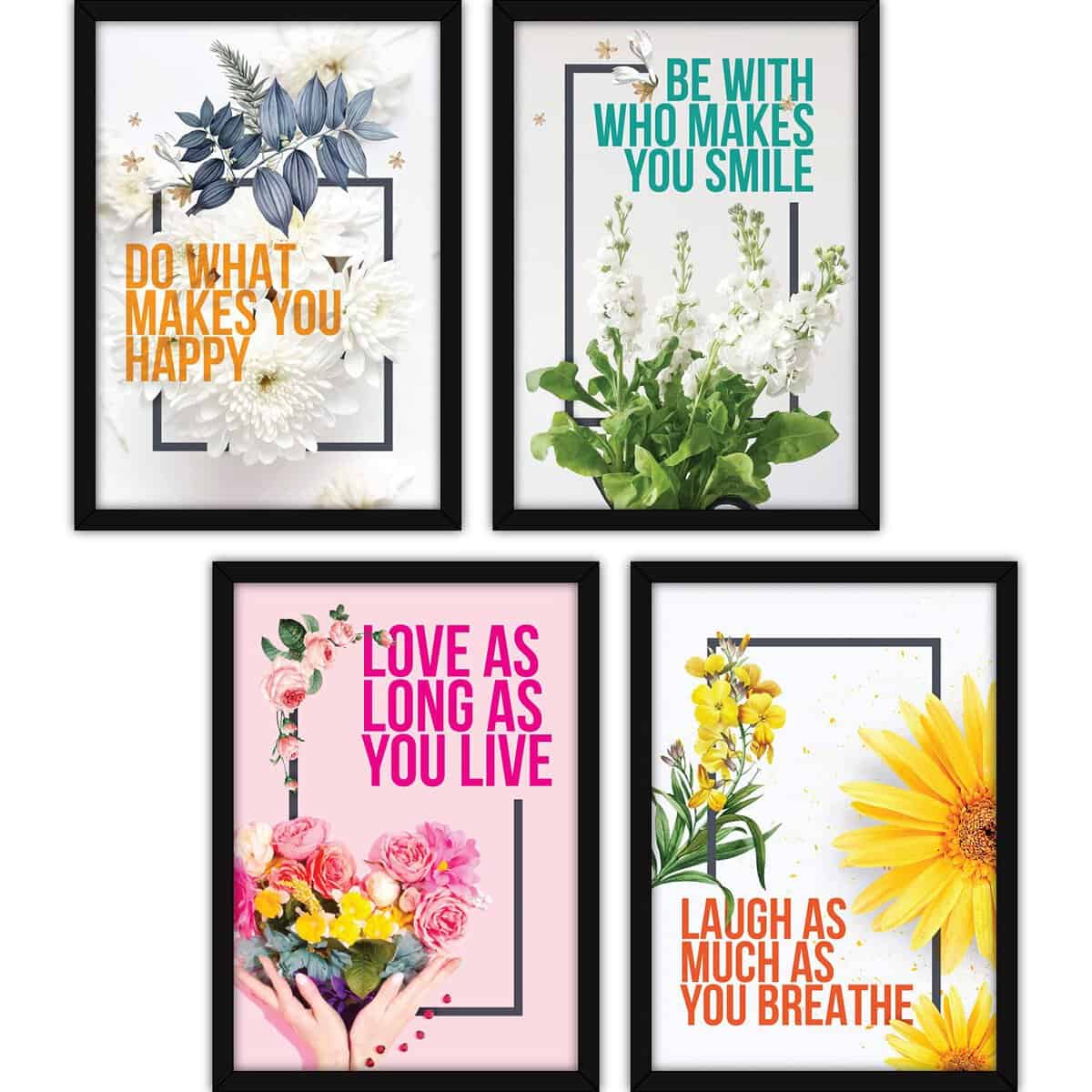 FATMUG Framed Wall Paintings Inspiring Quotes For Office and Home - Set of 4 With Glass - Happiness