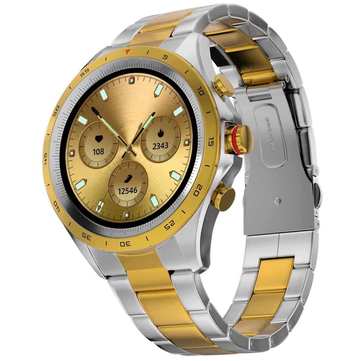 Fire-Boltt Solace Luxury Stainless Steel Smart Watch, 1.32" (33.5mm) Display 360 * 360 px high Resolution with 60Hz Refresh Rate, Bluetooth Calling & 360 Health Monitoring (Gold Silver)