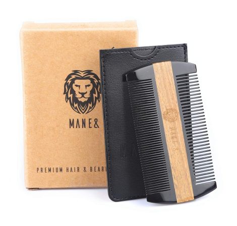 Ultimate Beard Grooming Tool: High-quality Ox horn and Sandalwood dual-action comb with protective PU leather sleeve.