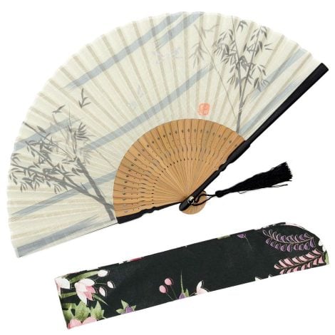 Bamboo Forest Folding Fan for Women, with Fabric Sleeve, in Chinese/Japanese Vintage Style – Perfect for Dancing, Church, Party, Gifts. (White)