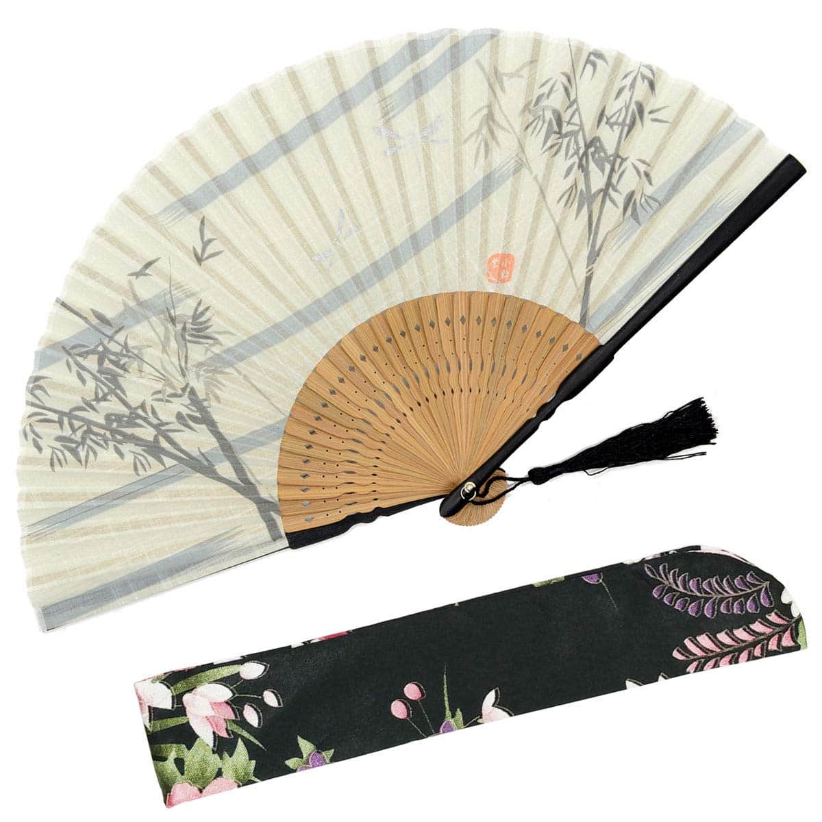 OMyTea Bamboo Forest Folding Hand Held Fan for Women - with a Fabric Sleeve for Protection - Chinese/Japanese Vintage Retro Style, Dancing, Church, Party, Gifts (White)