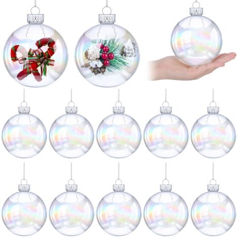 “Get festive with a set of 24 clear iridescent plastic Christmas ball ornaments, perfect for decorating your tree.”