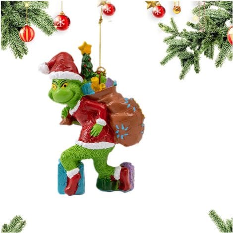 Funny Green Grinch Christmas Decorations for your home and holiday party, including Grinch with Burden ornament.