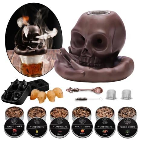 Smoky Cocktail Set with Skull Chimney, Ice Mould, Flavored Wood Chips – Perfect for Drinks, Food, and Gifting.