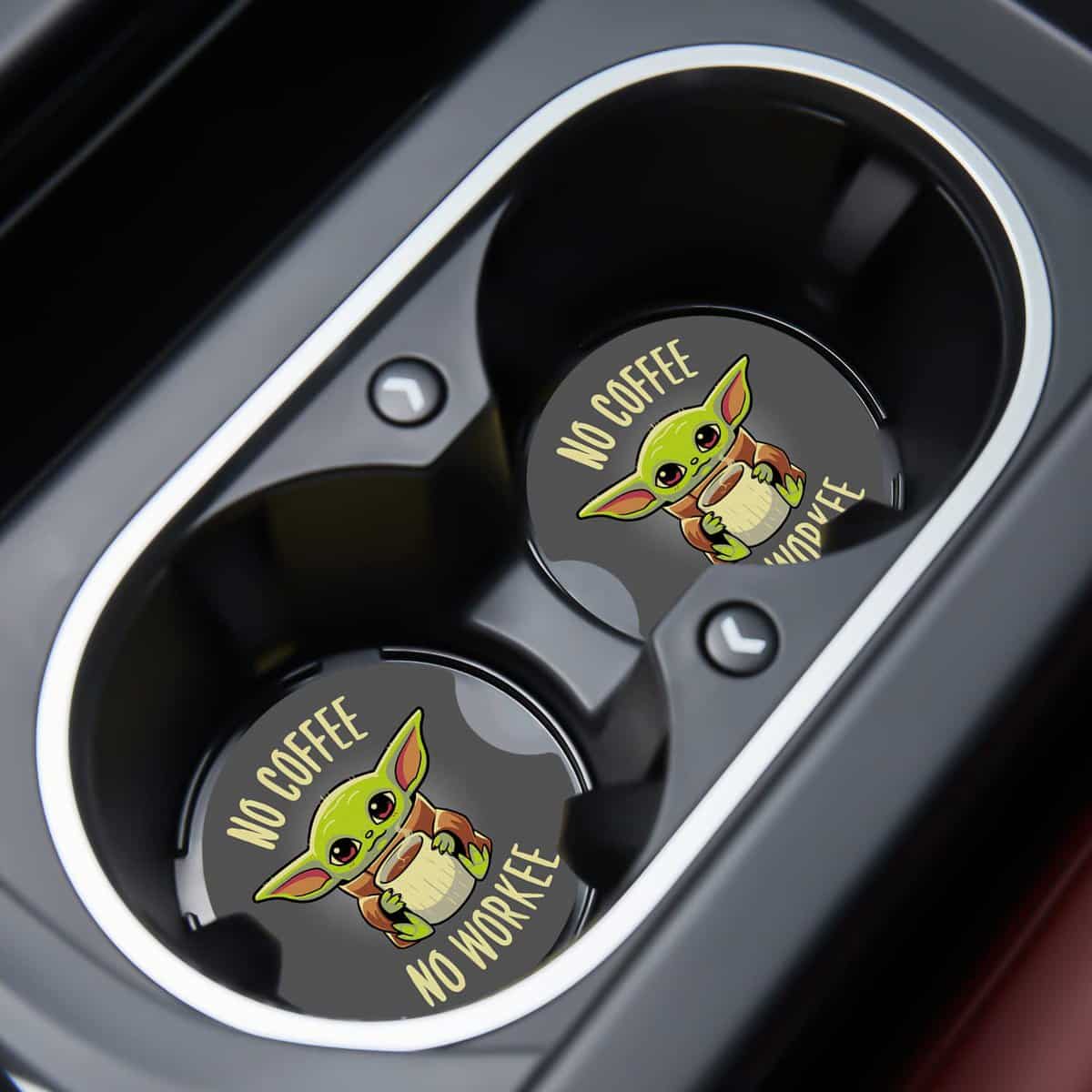 Car Cupholder Coaster Absorbent 2 Pack Cute Funny Fun No Coffee No Workee Cartoon Rubber New Automotive Cup Holder Decal Decor Accessories Gift for Women Men CBD202