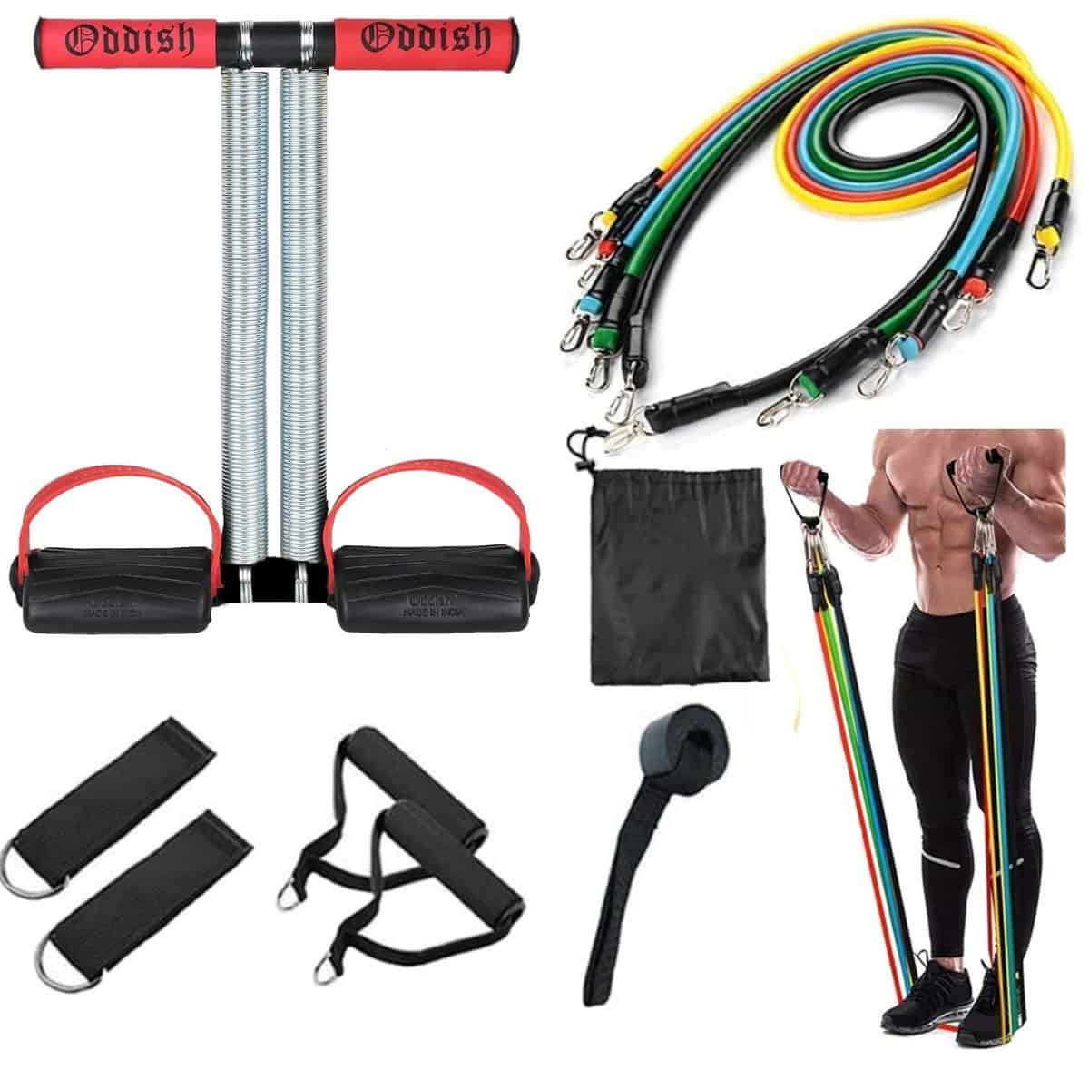 ODDISH; way to fitness 11 in 1 Resistance Bands/Toning Tube Double and Single/Tummy Trimmer/Large & Standered Springs Combo Pack for Man & Women (Large Spring with 11 in ONE, RED & Black)