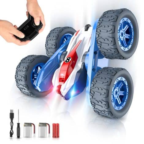 Blue Remote Control Car with 360° Flips, Double Sided Rotation, and Dual-Color Headlights. Perfect Gift for Kids!