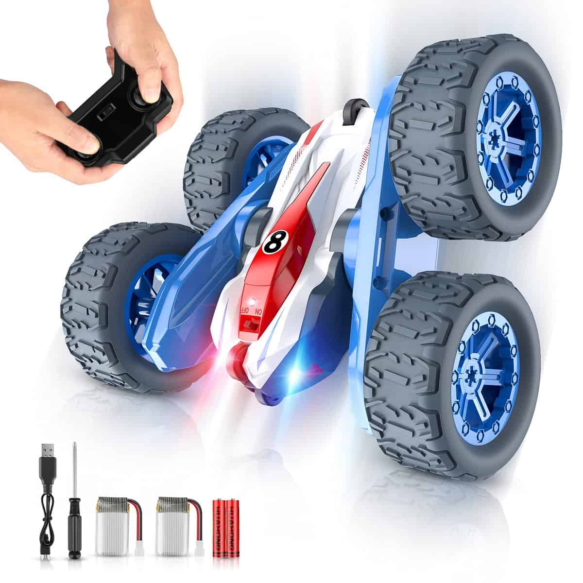 Remote Control Car for Boys,RC Cars Stunt Car Kids Toy 360° Flips Double Sided Rotating 4WD 2.4Ghz Sharp Dual-Color Headlights,Birthday Xmas Gift Toys for boys girls kids 3 4 5 6 7 8-12 Years Old-Blue