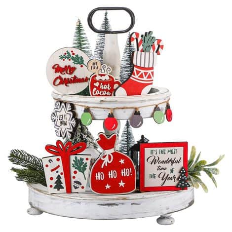Focalmotors Christmas Tiered Tray Décor, Farmhouse Xmas Tiered Tray Ornaments Set with Merry Christmas Wooden Signs for Festive Home Table Decor (Style-1a).