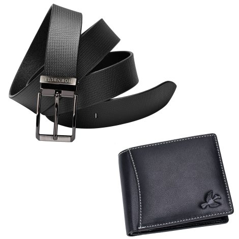 HORNBULL Men’s Black Leather Wallet and Belt Combo | Stylish RFID Blocking Gift Set for Indian Men (BW9396)