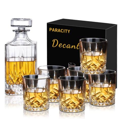 PARACITY Set: Liquor Whiskey Decanter with 6 Glasses – Perfect Barware for Liquor, Scotch, Bourbon, Wine, or Vodka. Ideal Men’s Gift!