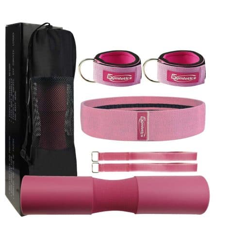 “Gymletics Barbell Squat Pad & Pair of Ankle Straps with Hip Bands & Safety Straps (Pink)”