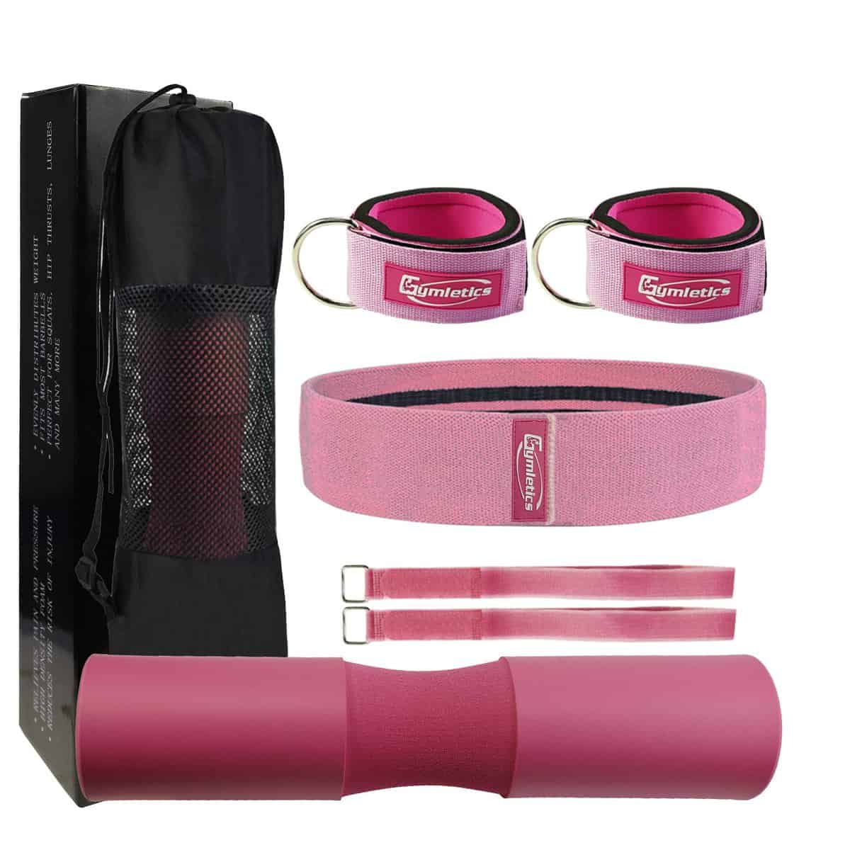 Gymletics Barbell Squat Pad for Standard | Pair of Gym Ankle Straps for Cable Machines | Hip Exercise Bands | Fitness Gift Safety Straps and Carry Bag (Pink, 17.3x3.7)