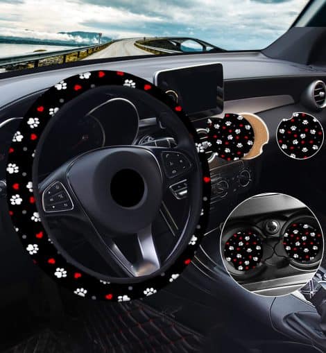 Get the Funny Paw Steering Wheel Cover with Car Coasters, a stylish and non-slip accessory for your car. Suitable for both men and women, it’s a great gift! (15 words)