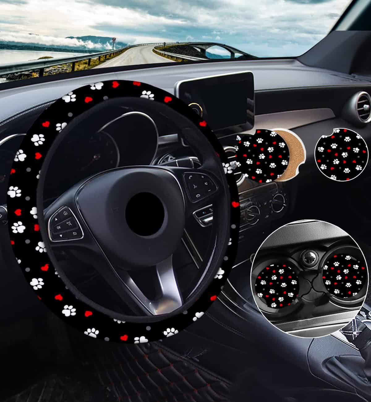 Funny Paw Steering Wheel Cover With 2Pcs Car Coasters, Universal 15 Inches Dog Paw Steering Wheel Cover Fashion Non-Slip Suitable For Men Women Gifts