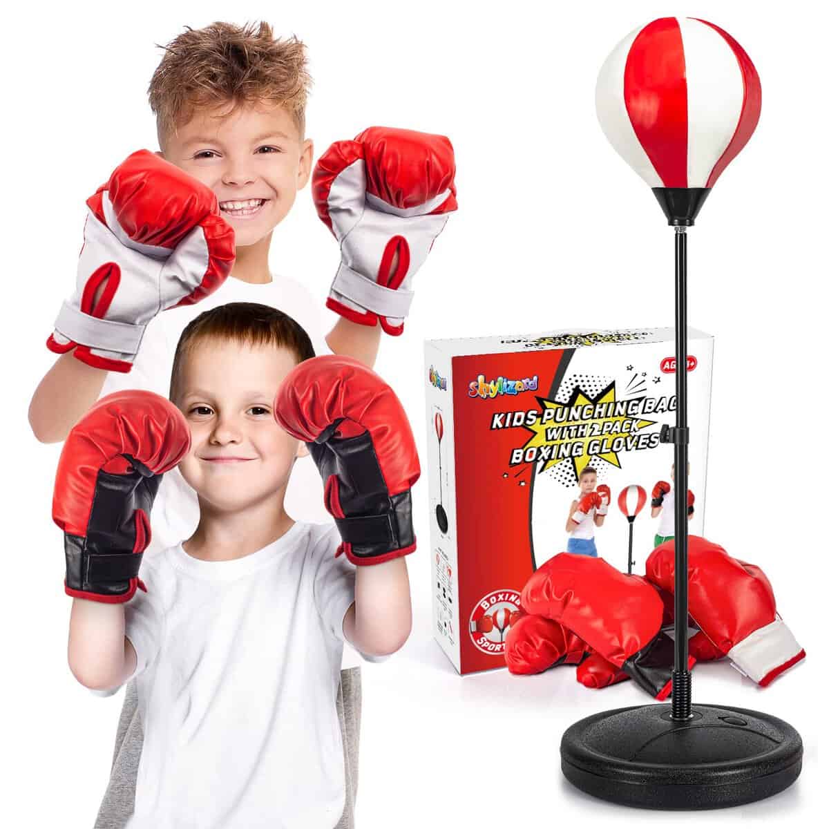 ShyLizard Punching Bag for Kids, Boxing Toys for Boys Age 5, 6, 7, 8, 9, 10 Years, Kids Boxing Sets with Adjustable Stand, 2Pack Boxing Gloves, Christmas and Birthday Gift for Boys and Girls