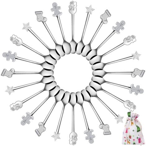 Aneco 24 Pieces Stainless Steel Christmas Spoons – Ideal for serving coffee, tea, soup, desserts, and ice cream during the festive season.