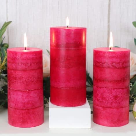 FLAVCHARM offers a luxurious set of 3 long-lasting Rose Scented Pillar Candles, perfect for gifting or enhancing your home decor.