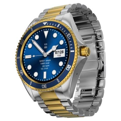 Fire-Boltt Quantum, a stylish stainless steel smartwatch with Bluetooth calling, high-resolution display, TWS connection, SpO2 tracking, and 100 sports modes. (Sapphire Gold)