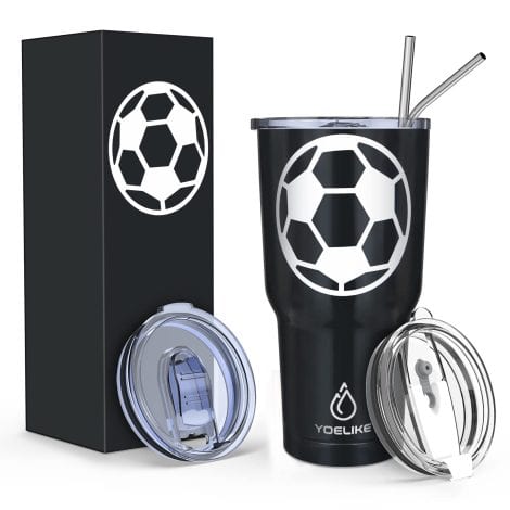 Yoelike Soccer Tumbler: Double-insulated cup with straws, lids, brush. Perfect for sports, traveling, hot/cold drinks. Order now!