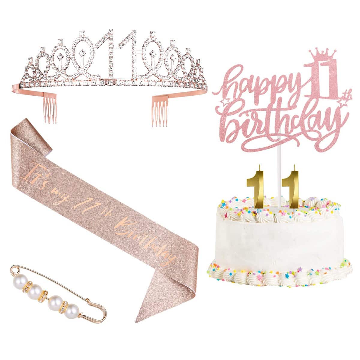 11th Birthday Decorations for Girls，Rose Gold 11 Birthday Crown Tiara ，Cake Topper, Birthday Sash with Peal Pin and Birthday Candles Kit,11th Birthday Gifts for Girls