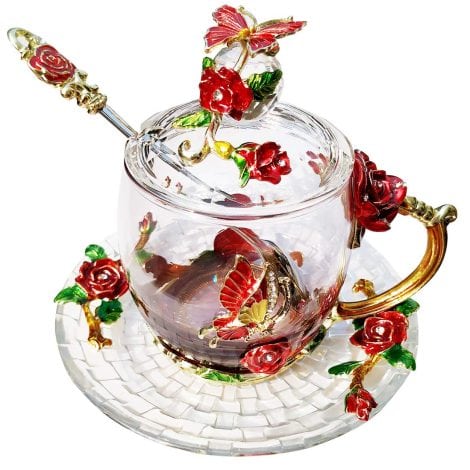 LANTREE Crystal Tea/coffee set with lid, spoon, saucer – perfect Christmas/birthday gift for Indian women.