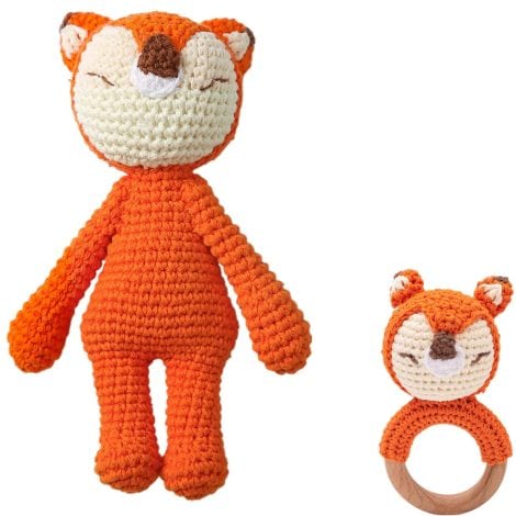 Handmade Sycamore East wooden baby rattle with cute fox and crochet doll plush elephant – perfect for newborns!