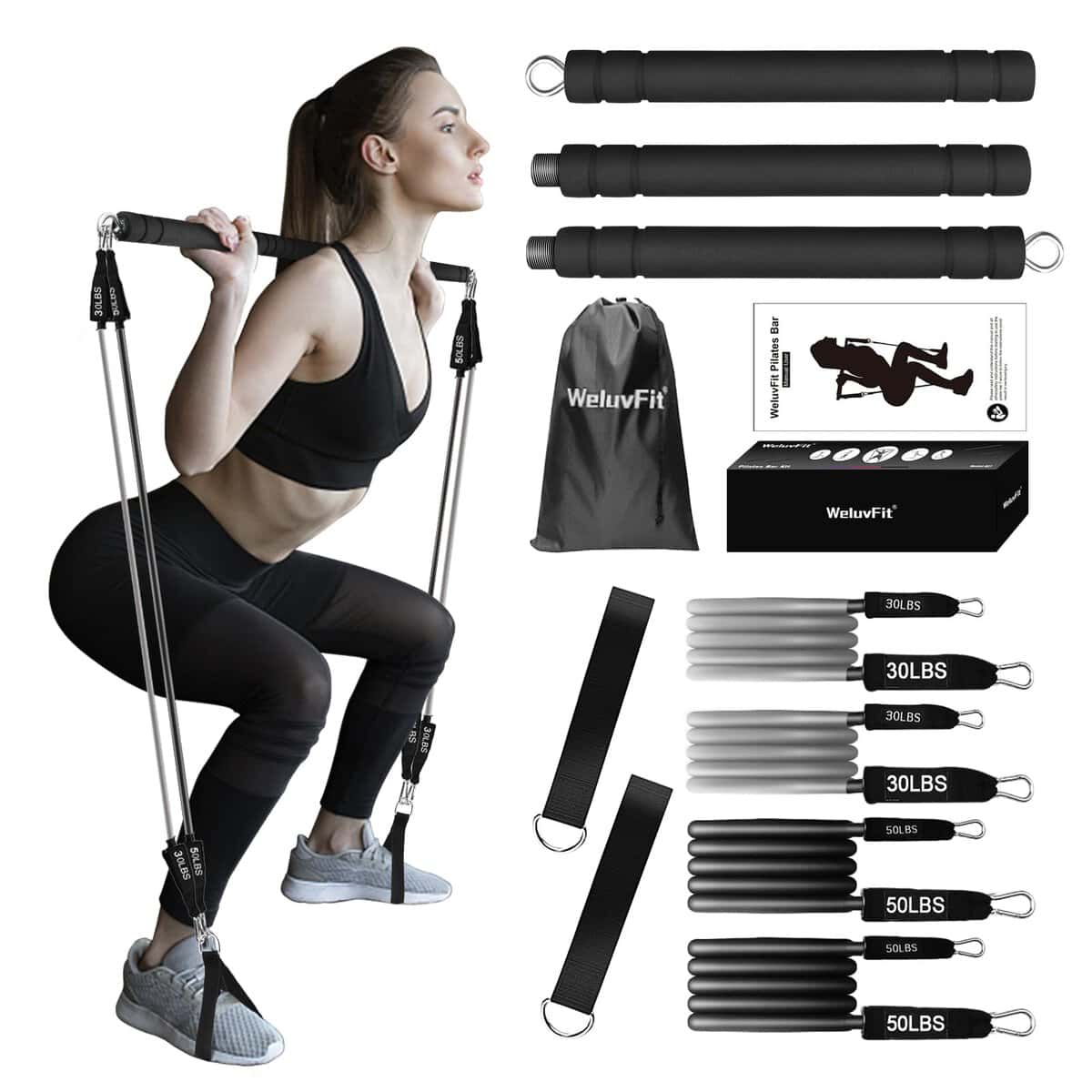 Pilates Bar Kit with Resistance Bands, WeluvFit Adjustable Bands Exercise Fitness Equipment for Women & Men, Home Gym Workout 3-Section Stick Squat Yoga Pilates Flexbands Kit for Full Body Shaping