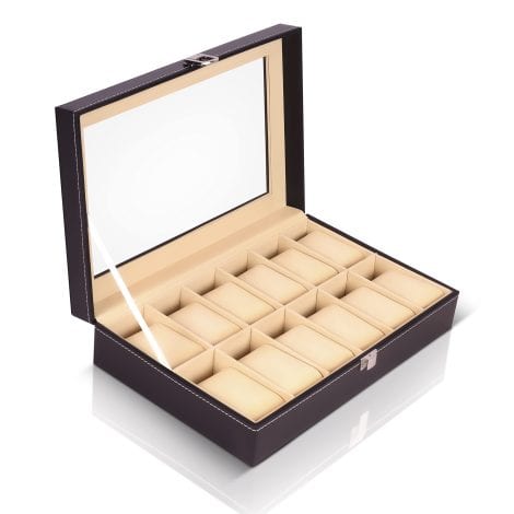 12 Slot Watch Box Organizer for storing and displaying watches, perfect for gifting, with transparent glass. (Black)