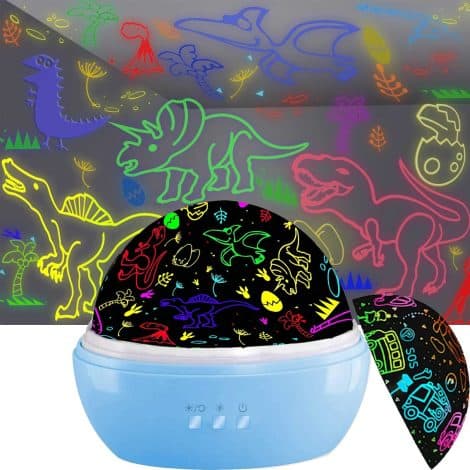 Blue Dinosaur Night Light Projector and Truck Lamp, perfect birthday or holiday gift for boys aged 3-7.