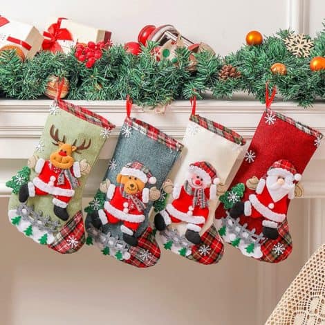 HASTHIP® Set of 4 Festive Stockings, 10 inch Linen Gift Socks for Christmas, Hanging Decorative Window Stockings.
