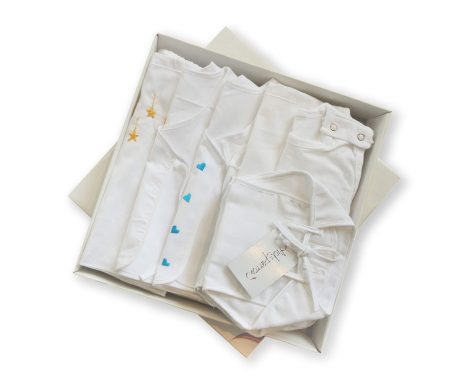 PICKSPARROW presents a pack of 10 embroidered pure cotton newborn baby clothes for gifting or essentials.