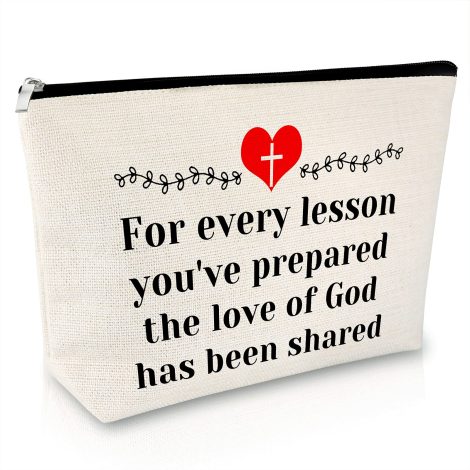 White Makeup Bag for Sunday School Teacher; Perfect Christmas gift for Indian teachers who love religious quotes.