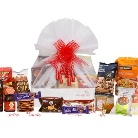 11-in-1 Tasty Treats Gift Box with Tea, Honey, Snacks, Chocolate, Popcorn, Sandwich Biscuit, Juice Drink, and Mexican Style Peanut. Perfect for Birthday, Family, Corporate gifting.