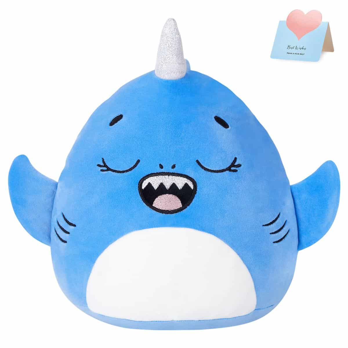 Athoinsu Sleeping Shark Plush Pillow Squishy Hugging Ocean Stuffed Animal Soft Cartoon Cute Sea Creatures Toy Sofa Bed Cushion Stretchy Decors Gifts for Toddlers Kids, Blue, 12''