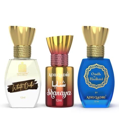 Adilqadri Exclusive Perfume Trio: Shanaya, White Oudh, and Oudh Al Hashmi. Alcohol-free, 12ml each. Perfect gift for all.