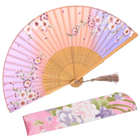 Handcrafted Pink-Purple Silk Folding Fans by OMyTea, perfect for gifting, with fabric sleeve for protection – vintage and elegant.