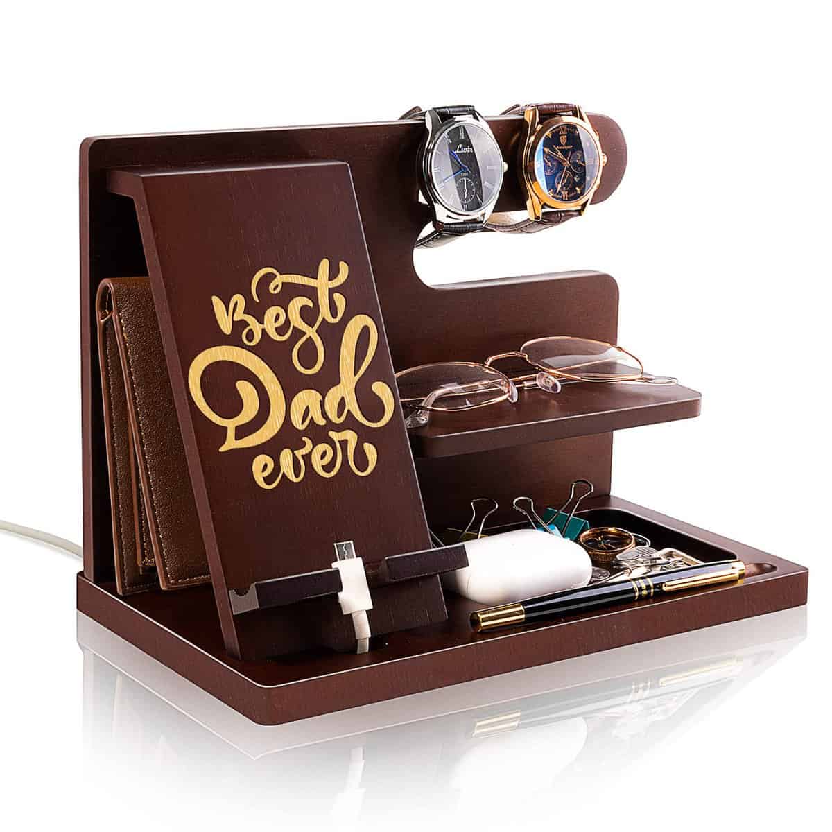 Personalized Wood Phone Docking Station for Dad-Best Dad Ever-Key Holder Wallet Stand Watch Organizer Dad Gifts Birthday Nightstand Fathers Day Christmas Travel Idea Gadgets to Dad from Daughter Son