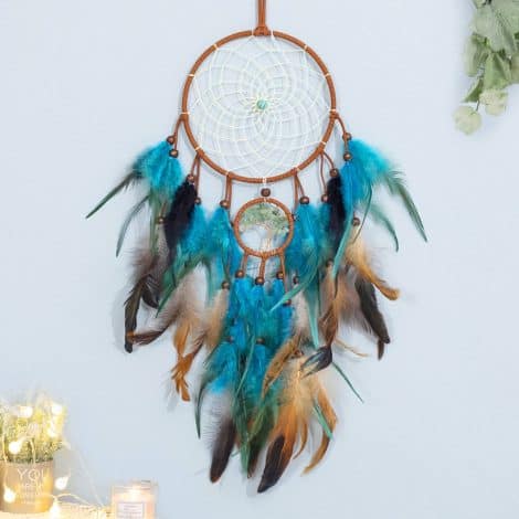 Handmade Indian Dream Catcher with Blue Tree of Life, Feathers – Perfect for Wall Hanging Décor, Bedroom, and Gifting.