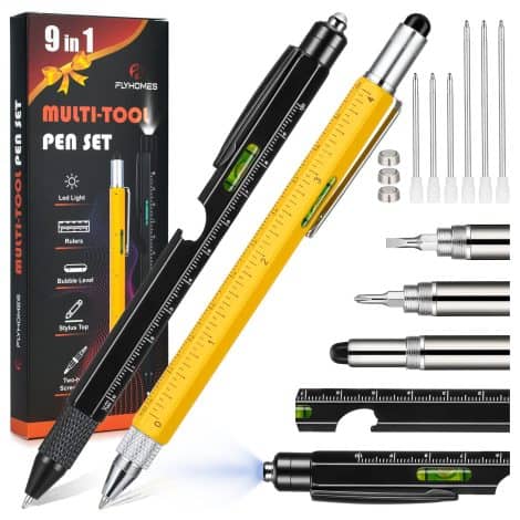 FL FLYHOMES Men’s Gift Set: 9-in-1 Multitool Pen with LED Light, perfect for Christmas; ideal for tech enthusiasts.