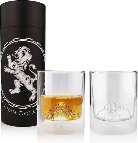 Set of 2 double-walled Lion emblem whiskey glasses, perfect for serving various spirits at home or in establishments.