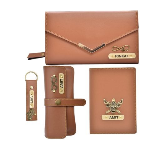 Personalized gifts for women, perfect for your mother’s birthday. Get a customized leather wallet, passport cover, sunglasses case, and keychain with her name. (Brown)