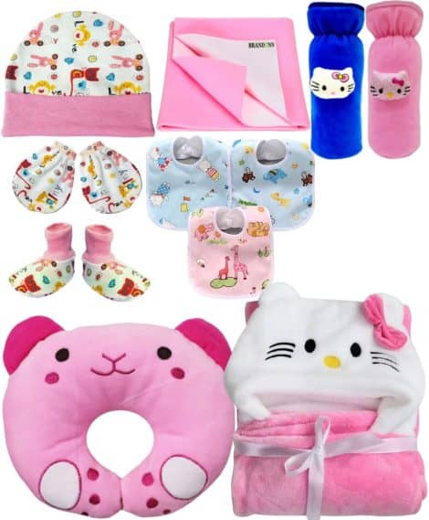 11-piece combo gift set for newborn baby boys and girls, in a delightful pink color.