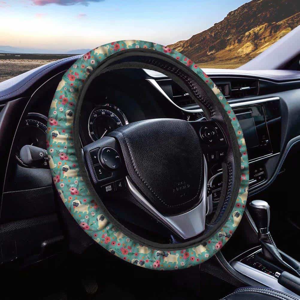 AFPANQZ Funny Pug Floral Car Steering Wheel Covers Stretch-on Fabric Neoprene Comfortable Grip Automotive Steering Wheel Protector Adult Anti-Slip Universal 14-15 inch Machine Washable Green